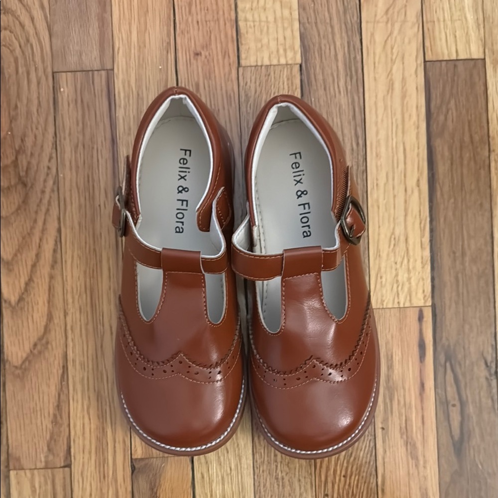 Brown Dress Shoes with T-strap Design and Wing-tip Perforations